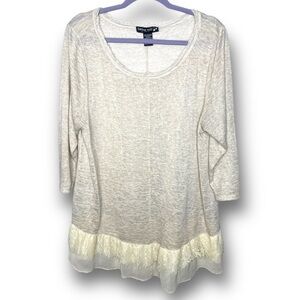 Living Doll Size 2X Ivory Lace Trim Gauzy 3/4 Sleeve Lightweight Dainty Top